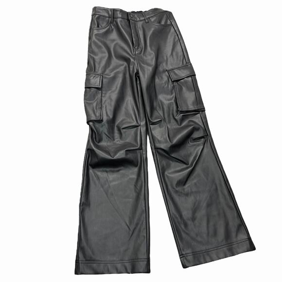 Steve Madden Womens Faux Leather Cargo Pants Black Sz XS Wide Leg High Rise - Picture 1 of 11